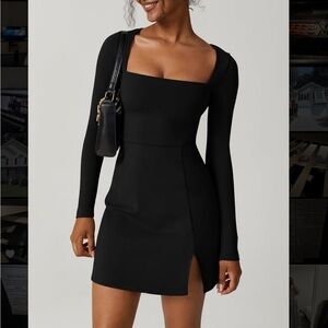 QINSEN Womens Square Neck Bodice Dress Long Sleeve Side Slit Flare Mini Dress